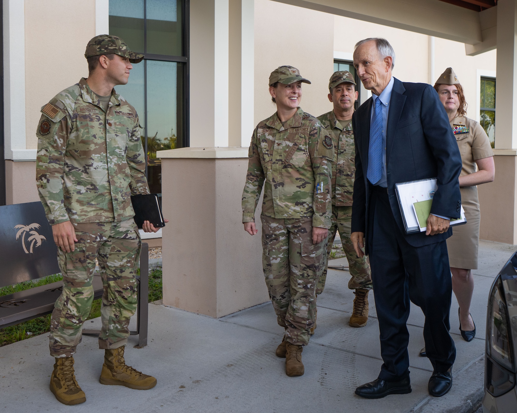 Dr. David J. Smith, Acting Director of the Defense Health Agency, meets with 6th Medical Group leadership for a site visit at MacDill Air Force Base, Florida, Aug. 6, 2025. The 6th MDG is the DHA’s largest outpatient single-unit, supporting more than 145,000 military personnel, retirees, and dependents in the Tampa area. (U.S. Air Force photo by Airman 1st Class Helen Ly)