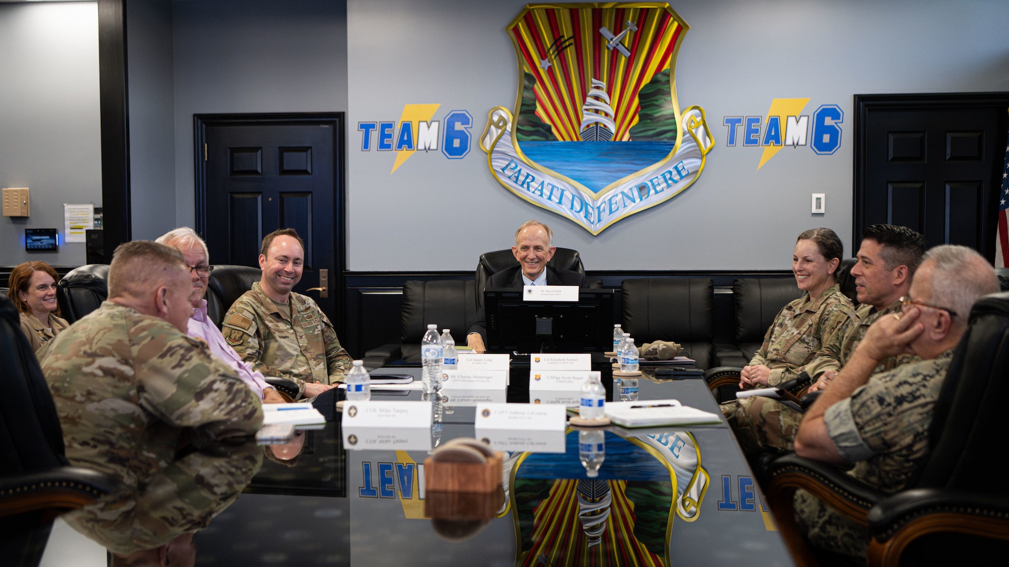Dr. David J. Smith, Acting Director of the Defense Health Agency, meets with leadership from the 6th Air Refueling Wing, U.S. Central Command, U.S. Special Operations Command at the 6th ARW headquarters building on MacDill Air Force Base, Florida, Aug. 6, 2025. Smith was briefed by leadership on the installation’s efforts to increase medical readiness across the joint force. (U.S. Air Force photo by Airman 1st Class Helen Ly)