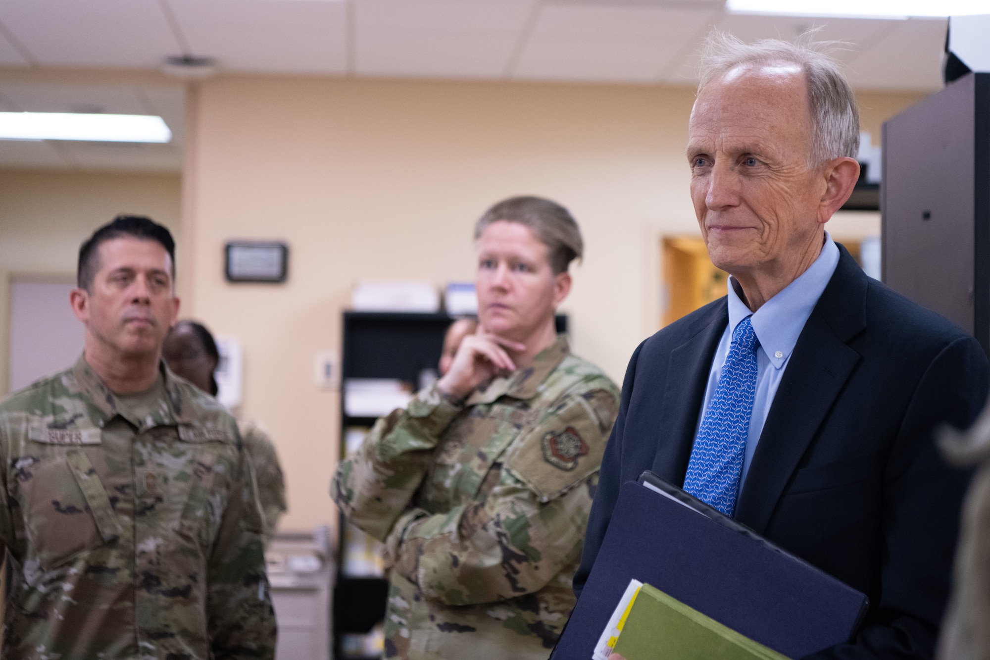 Dr. David J. Smith, Acting Director of the Defense Health Agency, tours the 6th Medical Group’s satellite drive-through pharmacy at MacDill Air Force Base, Florida, Aug. 6, 2025. Smith directs department-wide efforts to develop and implement policies and programs relating to deployment medicine, national disaster support, medical research and development, and medical readiness for 2.3 million service members. (U.S. Air Force photo by Airman 1st Class Helen Ly)