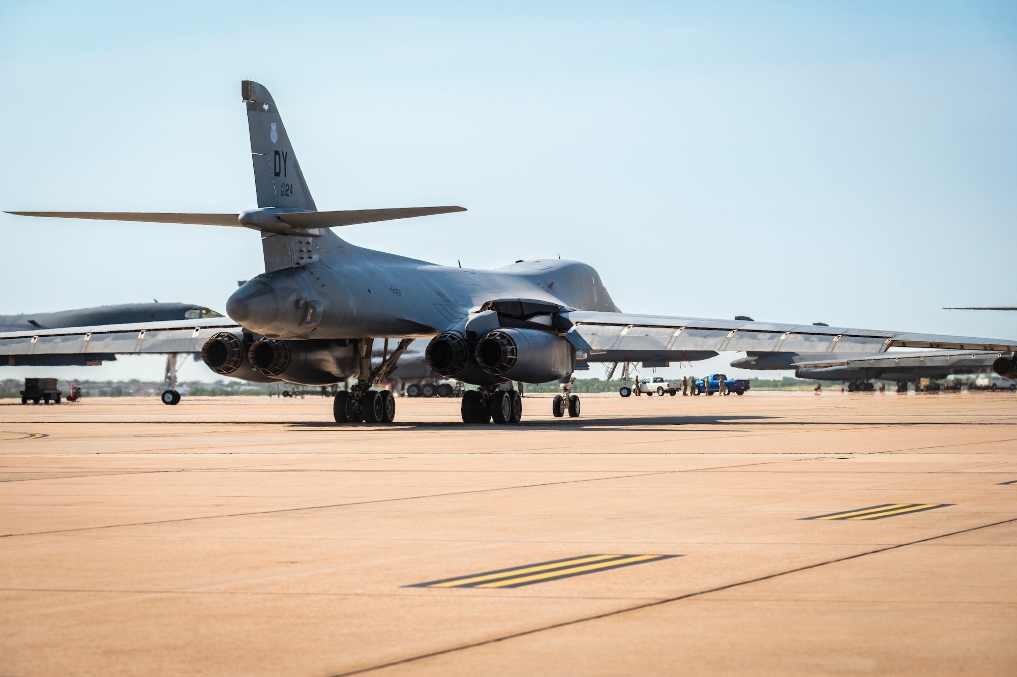 A B-1 bomber takes off from the flightline at Dyess AFB