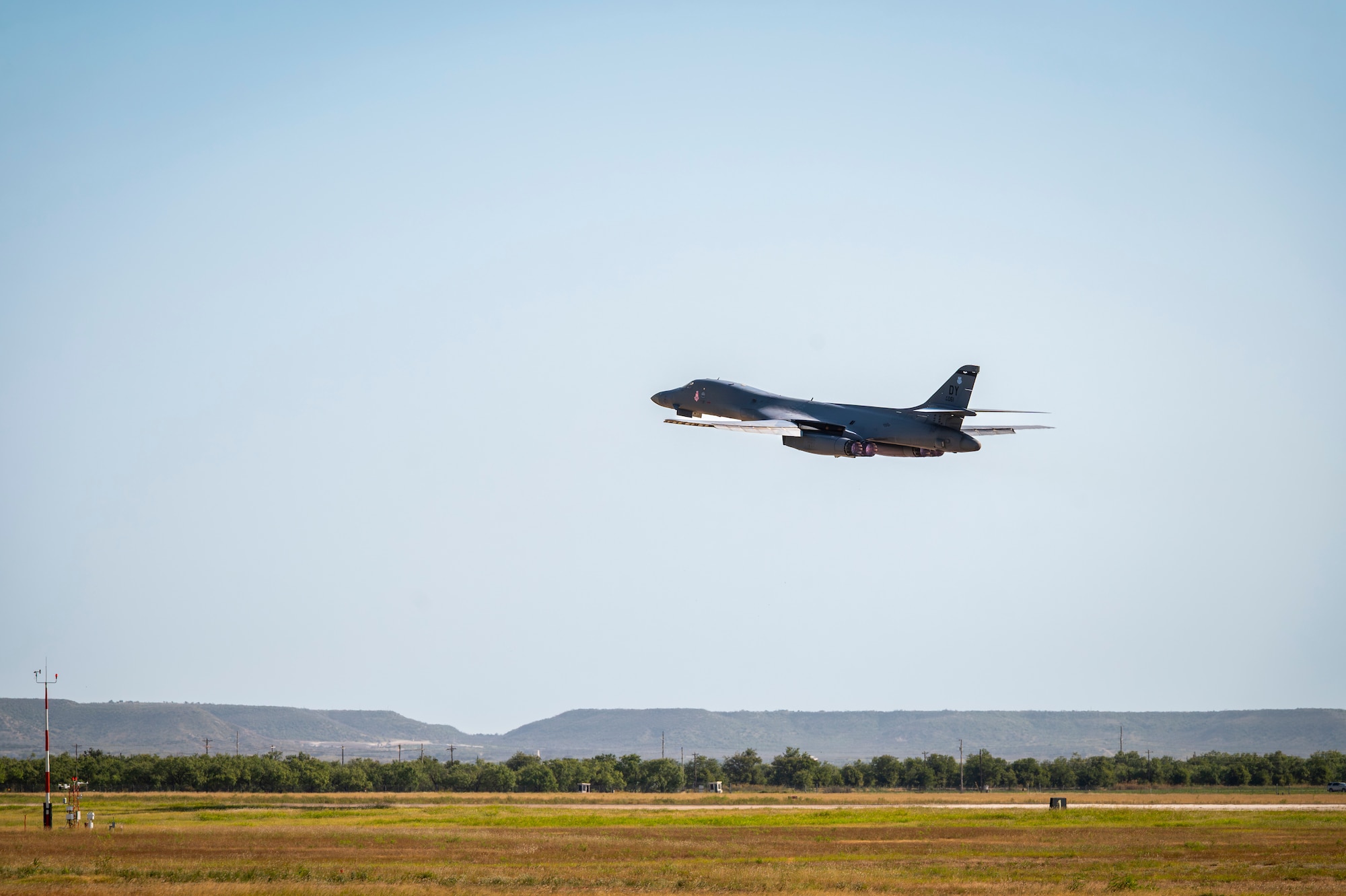 A B-1 bomber takes off from the flightline at Dyess AFB