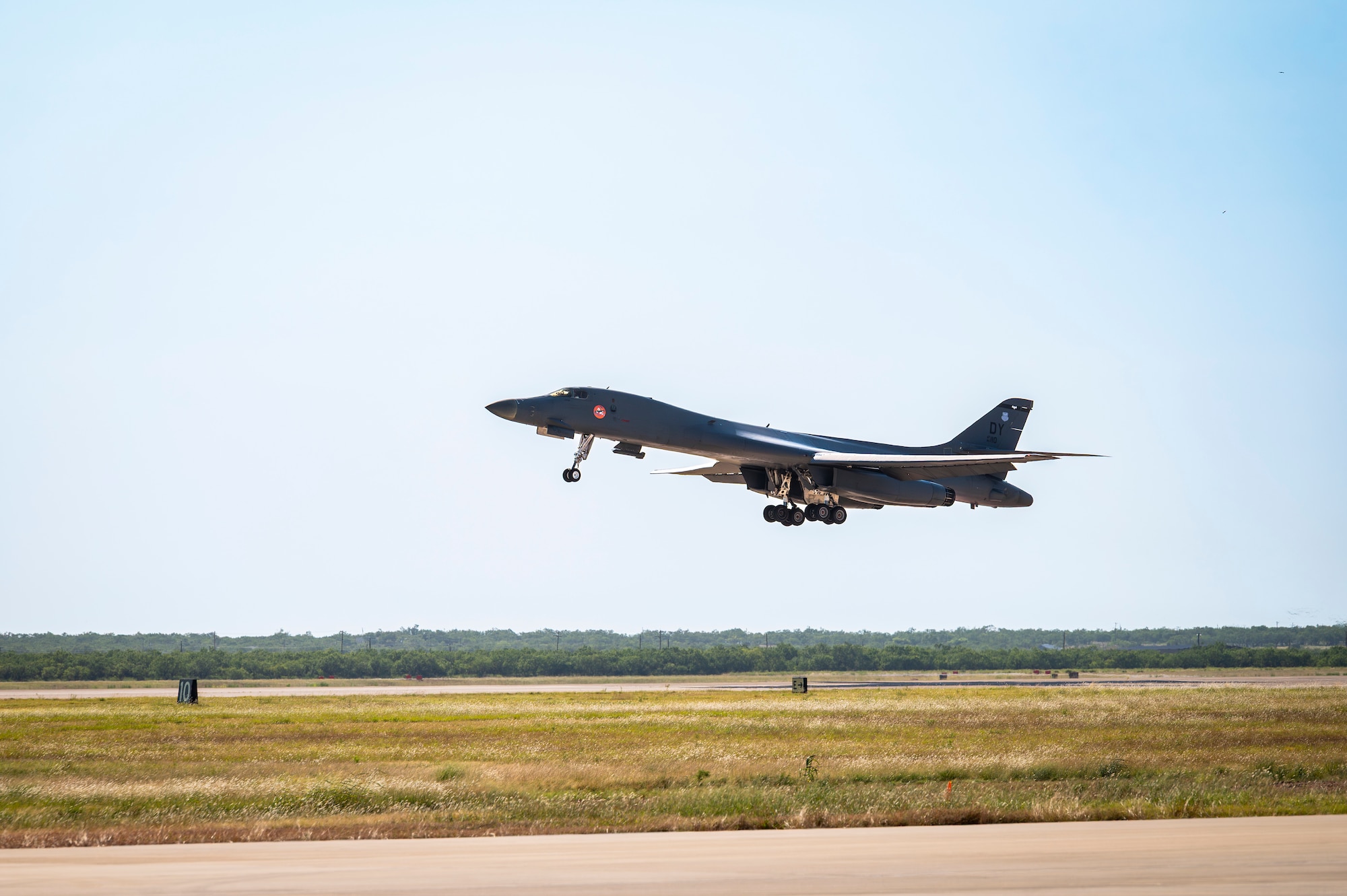 A B-1 bomber takes off from the flightline at Dyess AFB