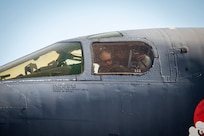 A B-1 bomber takes off from the flightline at Dyess AFB