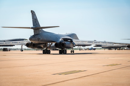 A B-1 bomber takes off from the flightline at Dyess AFB