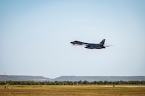 A B-1 bomber takes off from the flightline at Dyess AFB