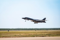A B-1 bomber takes off from the flightline at Dyess AFB