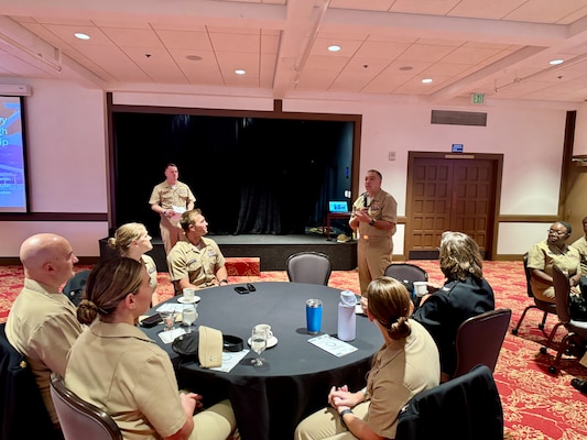 250801-N-WJ173-1002 MARINE CORPS AIR STATION MIRAMAR, Calif. (Aug. 1, 2025) Rear Adm. Matthew Case, Defense Health Agency acting assistant director for Healthcare Administration, delivers remarks during the 2025 Southern California MSC Symposium at Marine Corps Air Station Miramar’s Officers’ Club, Aug. 1, 2025. The event linked MSC officers with operational commands and senior DHA leadership to strengthen readiness and operational integration.