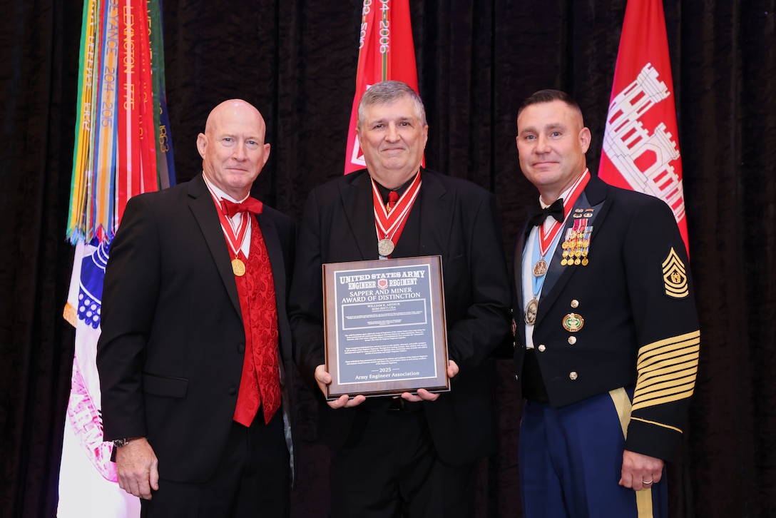 Maj. Gen. (Ret.) Bryan Watson, AEA’s president and host of the USACE Birthday Gala, along with Command Sgt. Major Douglas Galick, the 15th Command Sgt. Major of the U.S. Army Corps of Engineers, presented the Sapper and Miner Award of Distinction to Sgt. Maj. (Ret.) William Arthur.