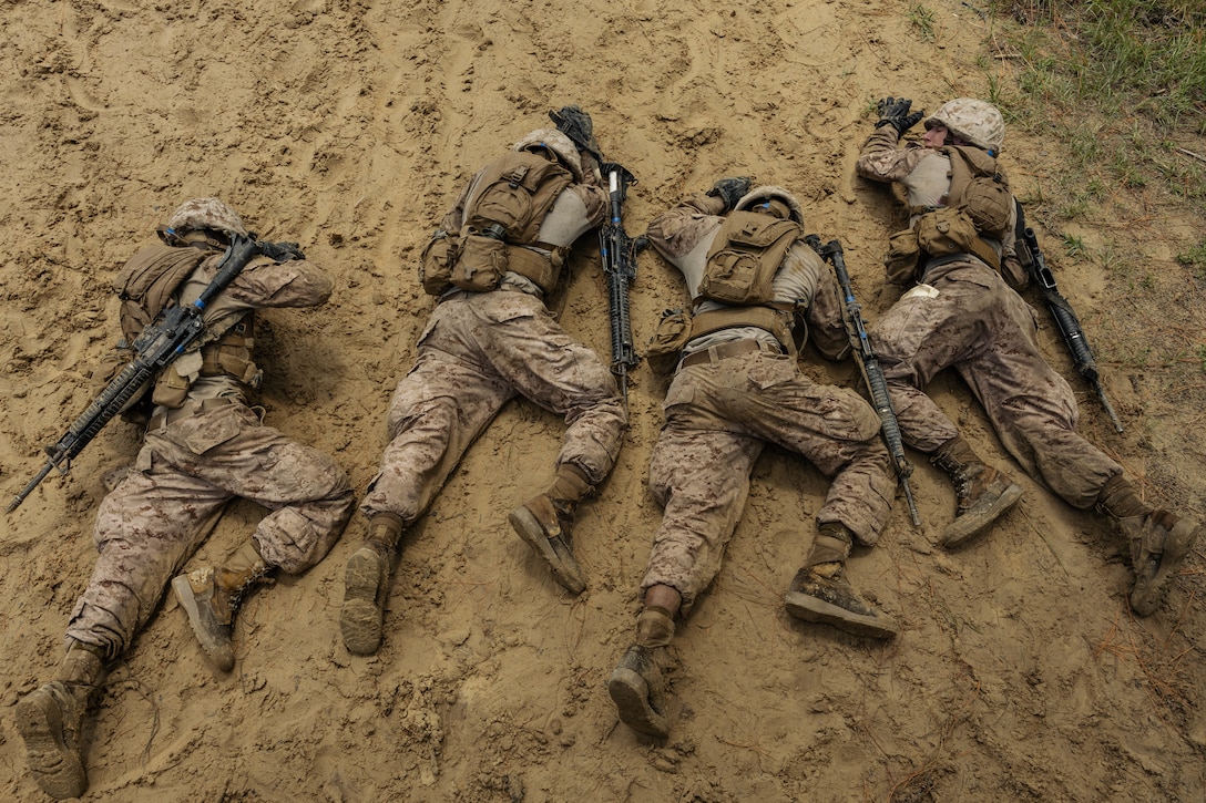 Recruits with Lima Company, 3rd Recruit Training Battalion, low crawl during the Day Movement Course on Marine Corps Recruit Depot Parris Island, S.C., August 6, 2025. During Basic Warrior Training week, recruits are taught how to operate, strategize, and maneuver in a field environment. (U.S. Marine Corps Photo by Lance Cpl. Jacob Claudell)