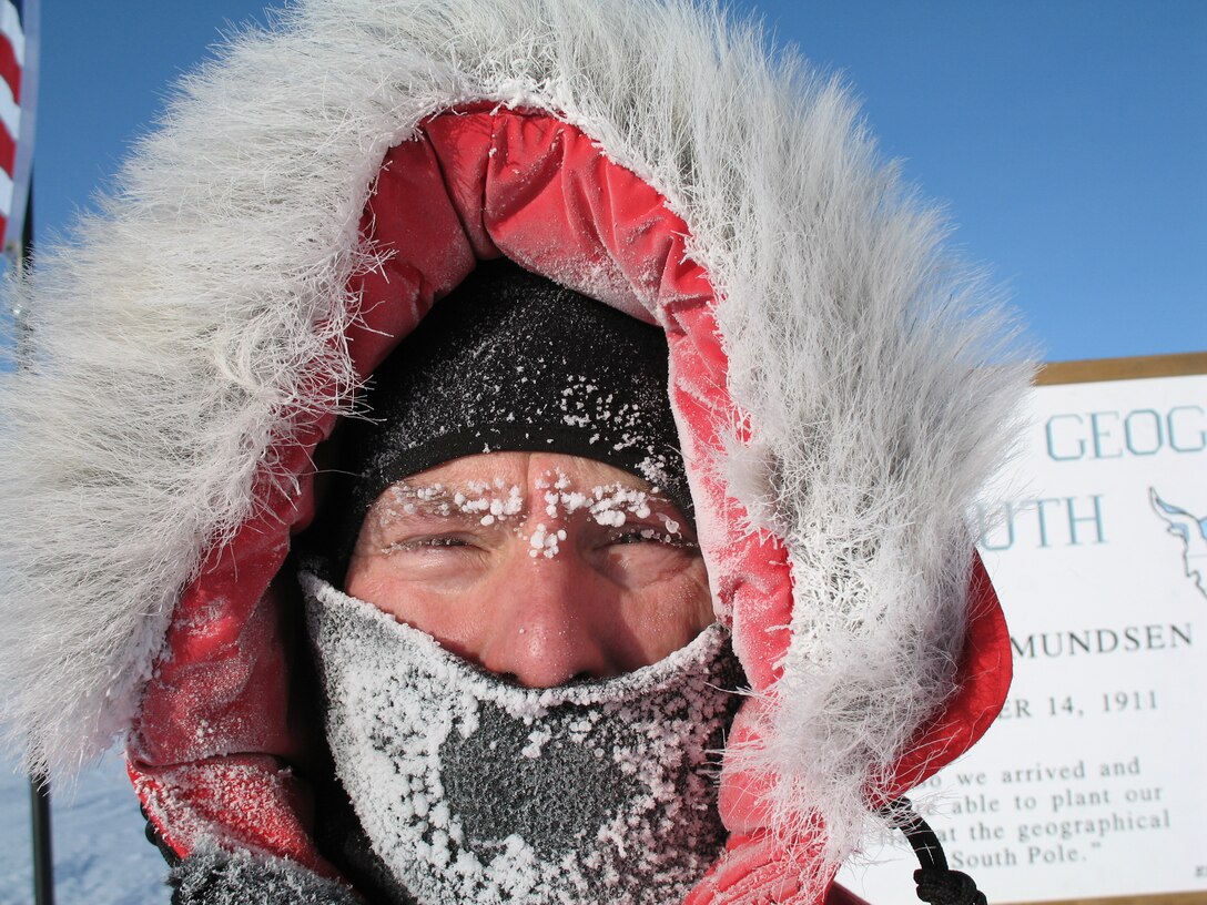 CRREL's George Blaisdell at the Amundsen-Scott South Pole Station during a “balmy” -35 degrees Fahrenheit mid-summer day. Blaisdell’s work in the Antarctic and other extreme cold regions recently earned him admittance to The Explorers Club.