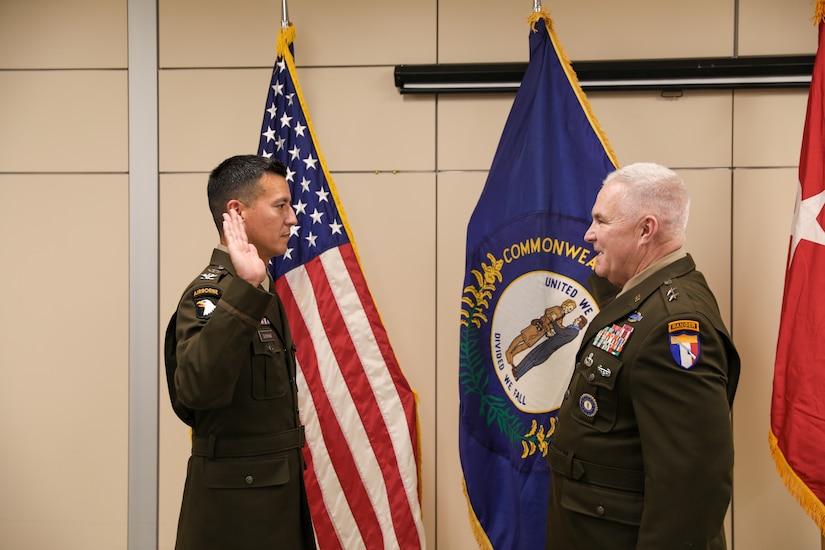 Lt. Col. Terry Durham is promoted to colonel by Maj. Gen. Haldane B. Lamberton Aug. 6, 2025, at the Bowman Field Readiness Center in Louisville, Kentucky.