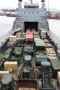 A landing support vessel transports a variety of military equipment from Baltimore, Maryland to Washington state. Sgt. 1st Class Jake Brand, watercraft operator, was one of approximately 35 crew members on board to operate and assist on the vessel.