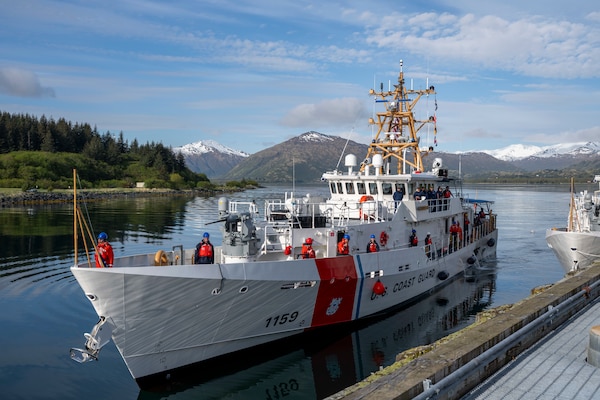 The crew of U.S. Coast Guard Cutter Earl Cunningham (WPC 1159) arrives to their homeport in Kodiak, Alaska, May 31, 2025. This was the first time the cutter had arrived to its homeport following its construction in Lockport, Louisiana. (U.S. Coast Guard photo by Petty Officer 1st Class Shannon Kearney)