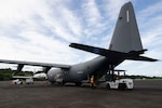 A U.S. Air Force C-130J Hercules assigned to the 39th Airlift Squadron, Dyess Air Force Base, Texas, is unloaded at Aeropuerto International de Panama Pacifico, Panama, Aug. 10, 2025. The cargo was delivered to support U.S. Southern Command’s goal to expand its ongoing coordination, collaboration, and security efforts where U.S. military personnel and Panamanian security institutions can bolster collective capabilities and skills, as well as facilitate a combined joint learning environment. (U.S. Air Force photo by Senior Airman Julia Lebens)