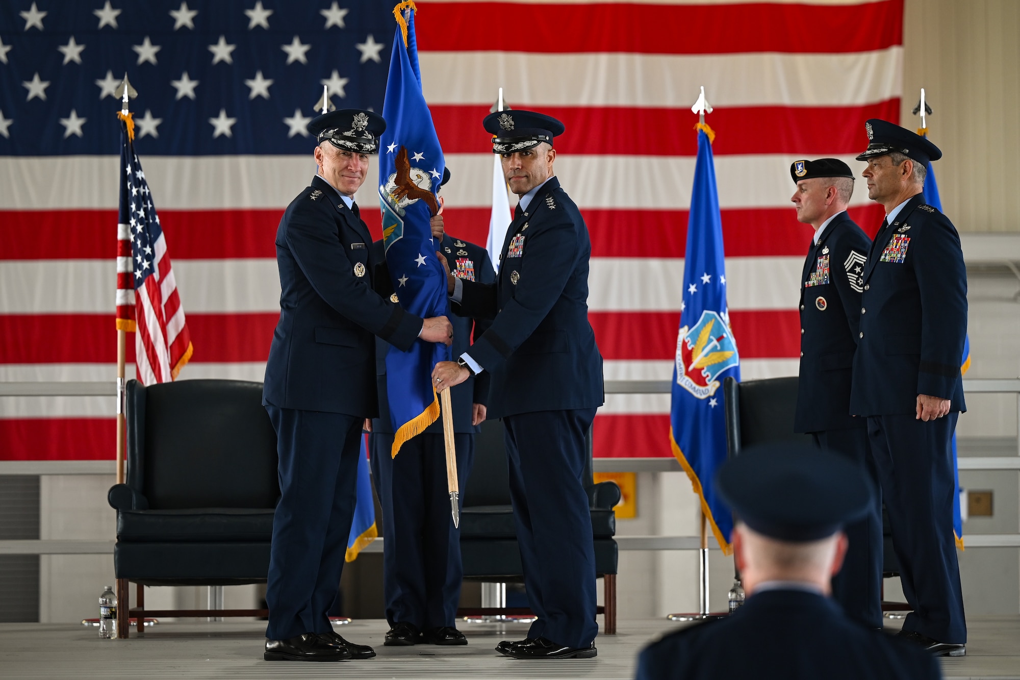 Airmen participate in a change of command ceremony.
