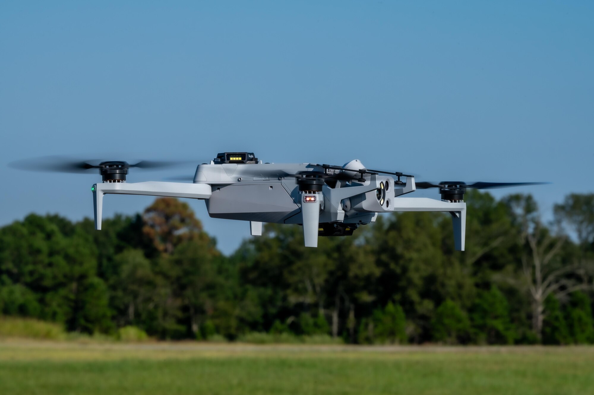 A small Unmanned Aircraft System is employed by the 21st Air Task Force during exercise Bamboo Eagle 25-3 at Camp Robinson, Arkansas, August 4, 2025. The 21s ATF is expanding its capability to integrate sUAS into agile basing operations, increasing speed, security and survivability in the Indo-Pacific theater. (U.S. Air Force photo by Airman 1st Class Adrien Tran)