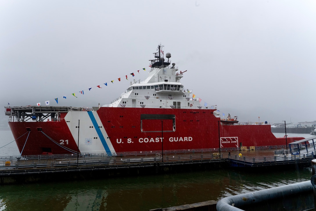 U.S. Coast Guard Cutter Storis (WAGB 21) remains moored during the Storis commissioning ceremony at Juneau, Alaska, August 10, 2025. Storis is the first polar icebreaker acquired in more than 25 years by the Coast Guard with its mission to assure access to the polar regions and protect U.S. sovereignty. (U.S. Coast Guard photo by Petty Officer 3rd Class Carmen Caver)