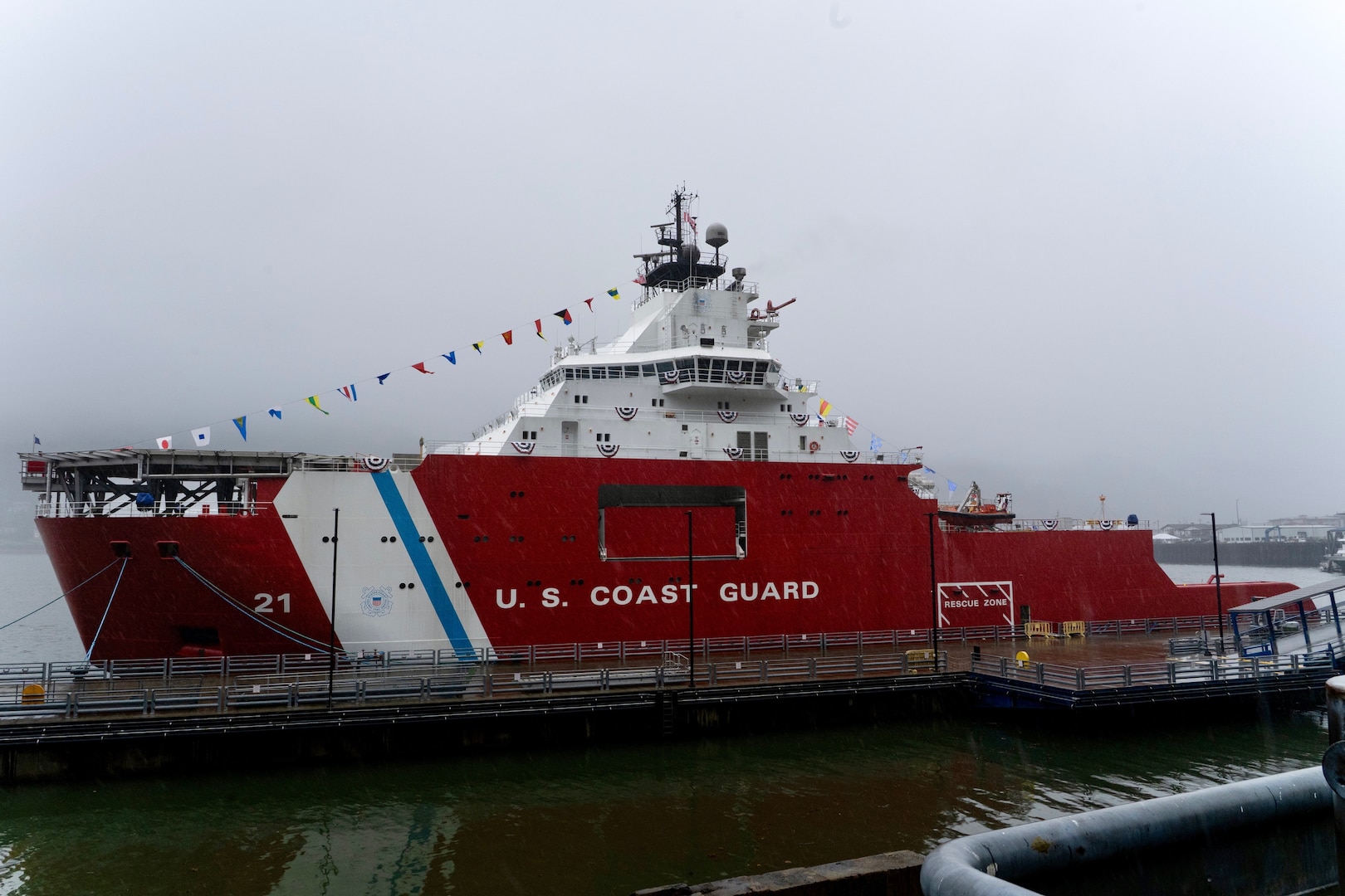 U.S. Coast Guard Cutter Storis (WAGB 21) remains moored during the Storis commissioning ceremony at Juneau, Alaska, August 10, 2025. Storis is the first polar icebreaker acquired in more than 25 years by the Coast Guard with its mission to assure access to the polar regions and protect U.S. sovereignty. (U.S. Coast Guard photo by Petty Officer 3rd Class Carmen Caver)