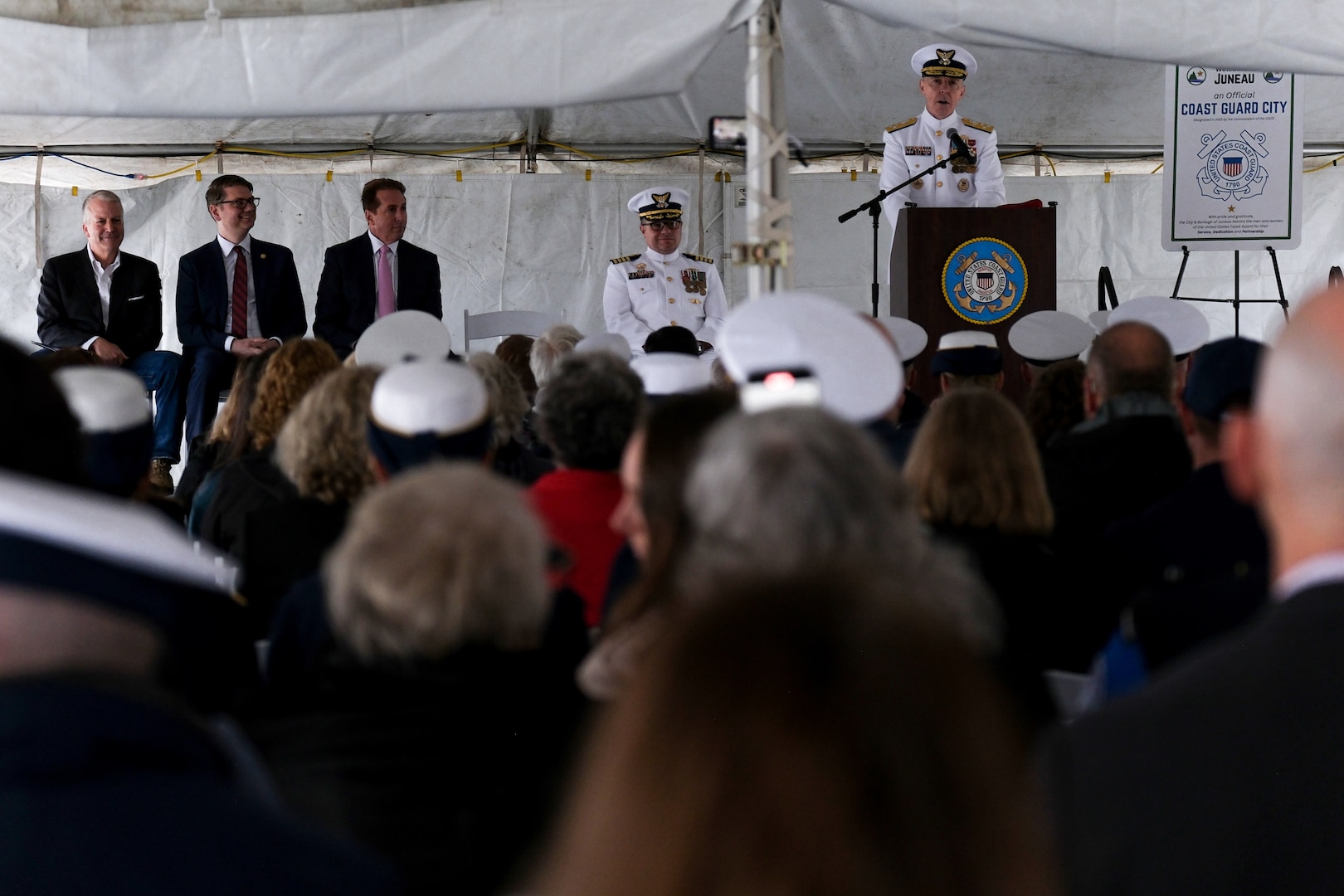 U.S. Coast Guard Adm. Kevin Lunday, Acting Commandant of the Coast Guard, speaks during the Storis commissioning ceremony at Juneau, Alaska, August 10, 2025. Storis is the first polar icebreaker acquired in more than 25 years by the Coast Guard with its mission to assure access to the polar regions and protect U.S. sovereignty. (U.S. Coast Guard photo by Petty Officer 3rd Class Carmen Caver)