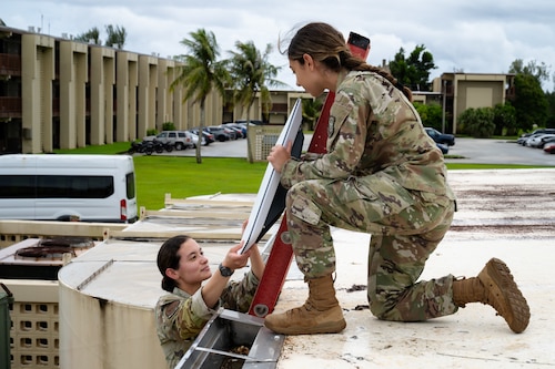 U.S. Air Force 1st Lt. Felicity Taylor, left, and Airman 1st Class Hannah Abudayeh, 19th Operations Support Squadron all source intelligence analysts, Little Rock Air Force Base, install a satellite communication device at Andersen AFB, Guam, during the U.S. Air Force’s 2025 Department-Level Exercise series, July 26, 2025. The DLE series is a new way of conducting operations in a contested, dynamic environment to build capabilities making a stronger, deterrent force. The DLE encompasses all branches of the Department of Defense, along with Allies and partners, employing more than 400 Joint and coalition aircraft and more than 12,000 members at more than 50 locations across 3,000 miles. (U.S. Air Force photo by Senior Airman Jade M. Caldwell)