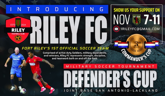 Fort Riley’s 1st Official Soccer Team is making moves! 💪⚽
We’re proud to represent the strength, discipline, and teamwork of our Soldiers, military dependents, and veterans — both on and off the field.
🏆 Coming off a 3rd Place Finish at the Commander’s Cup, we’re now headed to the Defender’s Cup at Joint Base San Antonio-Lackland!
📅 NOVEMBER 7–11
📍San Antonio, TX
📧 Contact: 1rileyfc@gmail.com
Help us spread the word and show your support as we prepare to compete with top military teams from across the nation!
Let’s go RILEY FC! 🔴⚫ #RileyFC #DefendersCup #FortRiley #MilitarySoccer #1ID #BROProud