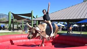 A child rides a mechanical bull.