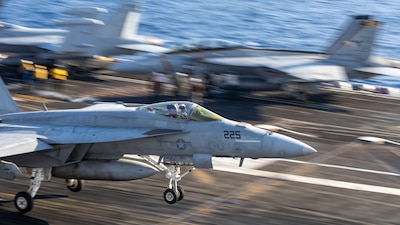 PACIFIC OCEAN (Aug. 7, 2025) — A U.S. Navy F/A-18F Hornet, assigned to the “Flying Eagles” of Strike Fighter Squadron 122, lands on the flight deck of the Nimitz-class aircraft carrier USS Theodore Roosevelt (CVN 71), Aug. 7, 2025. Theodore...