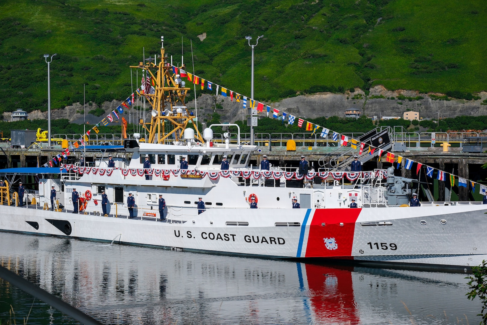 The Coast Guard commissioned its newest cutter, Coast Guard Cutter Earl Cunningham (WPC 1159), for official entry into its service fleet during a ceremony held in Kodiak, Alaska, Aug. 11, 2025. The ceremony was presided over by Adm. Kevin Lunday, acting commandant of the Coast Guard, and members of the Cunningham family were also in attendance, including the cutter’s sponsor, Penney Helmer, who is also the granddaughter of Earl Cunningham. (U.S. Coast Guard photo by PA3 Carmen Caver)