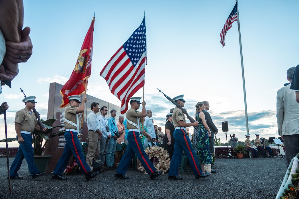Multinational service members, veterans, Solomon Islands government leaders, members of the diplomatic community, and civilians attend the 83rd Anniversary of the Battle of Guadalcanal Ceremony at the Guadalcanal American Memorial in Honiara, Solomon Islands, Aug. 7, 2025.