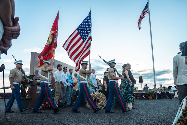 Multinational service members, veterans, Solomon Islands government leaders, members of the diplomatic community, and civilians attend the 83rd Anniversary of the Battle of Guadalcanal Ceremony at the Guadalcanal American Memorial in Honiara, Solomon Islands, Aug. 7, 2025.