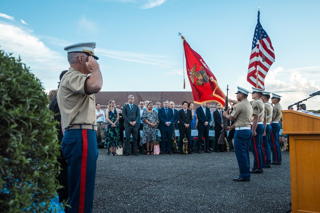 Multinational service members, veterans, Solomon Islands government leaders, members of the diplomatic community, and civilians attend the 83rd Anniversary of the Battle of Guadalcanal Ceremony at the Guadalcanal American Memorial in Honiara, Solomon Islands, Aug. 7, 2025.