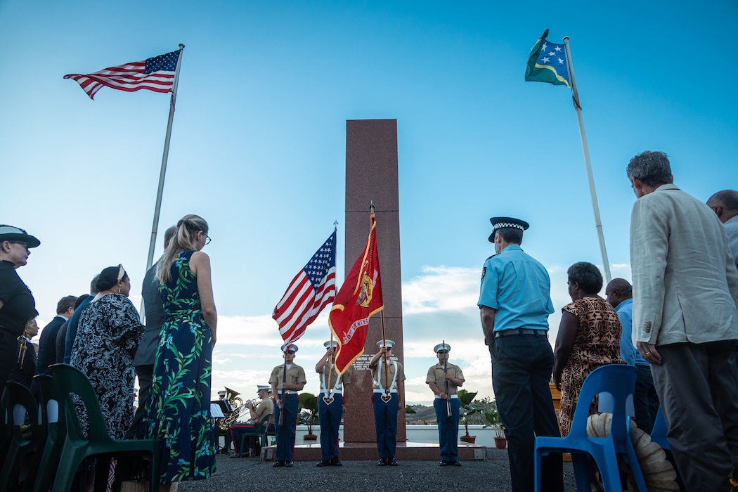 U.S. Marines with the U.S. Marine Corps Forces Pacific color guard present the colors during the 83rd Anniversary of the Battle of Guadalcanal Ceremony at the Guadalcanal American Memorial in Honiara, Solomon Islands, Aug. 7, 2025.