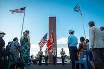 U.S. Marines with the U.S. Marine Corps Forces Pacific color guard present the colors during the 83rd Anniversary of the Battle of Guadalcanal Ceremony at the Guadalcanal American Memorial in Honiara, Solomon Islands, Aug. 7, 2025.