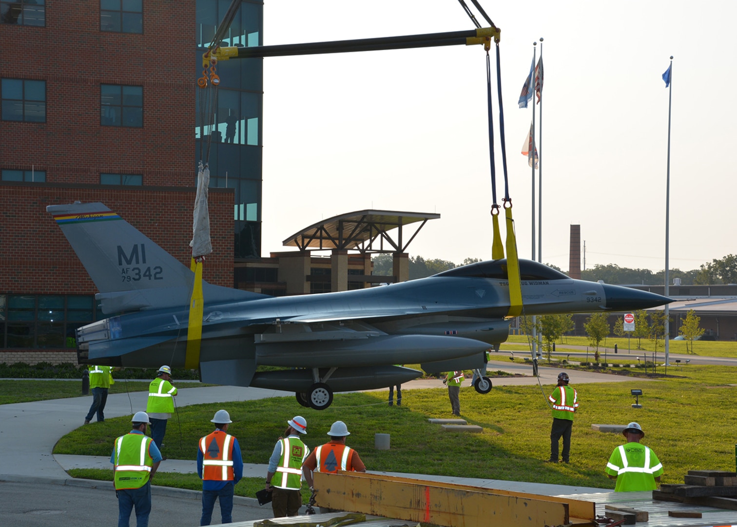 F-16 Tail #342 is placed as a static display in front of the Defense Logistics Agency Aviation’s headquarters building at Defense Supply Center Richmond, Virginia