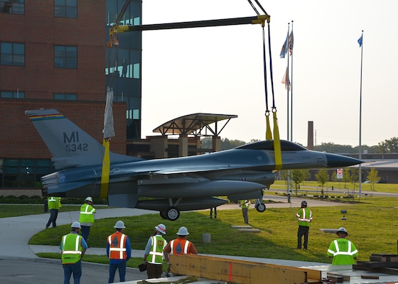 F-16 Tail #342 is placed as a static display in front of the Defense Logistics Agency Aviation’s headquarters building at Defense Supply Center Richmond, Virginia