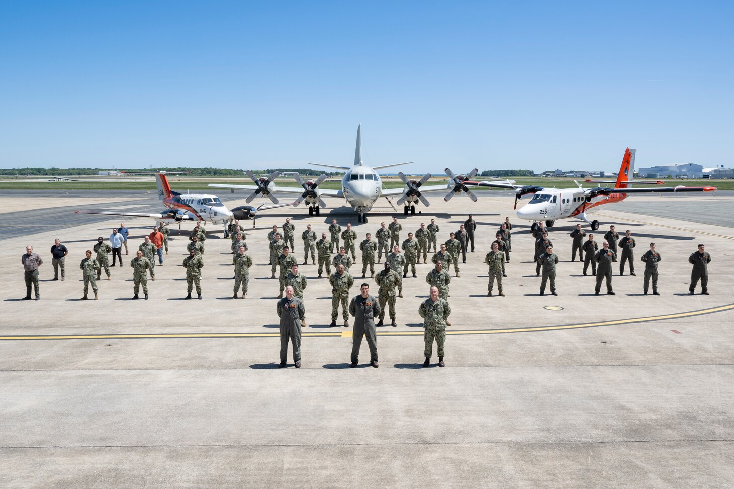 The U.S. Naval Research Laboratory’s Scientific Development Squadron (VXS) 1 gathers for a group photo at the Naval Air Station Patuxent River in Patuxent River, Md. April 28, 2025. VXS-1 conducts airborne scientific experimentation and advanced technology development in worldwide operations supporting U.S. Navy and national science and technology priorities and war fighting goals.