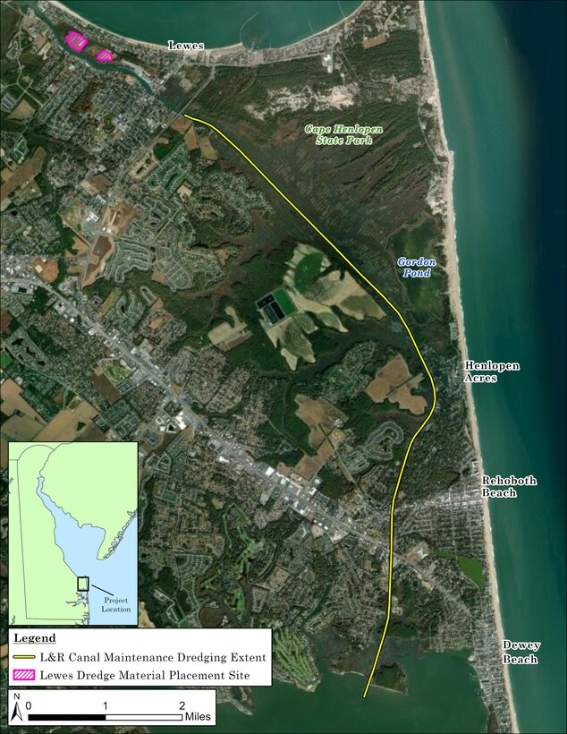 The U.S. Army Corps of Engineers (USACE) Philadelphia District announced it awarded a $9.6 million contract to Cottrell Contracting Corporation of Chesapeake, Va. to conduct dredging of the Lewes & Rehoboth Canal in Sussex County, Delaware.
Dredged sediment will be pumped to two dredged material placement sites along the northern section of the Canal (shown in attached map). Dredging