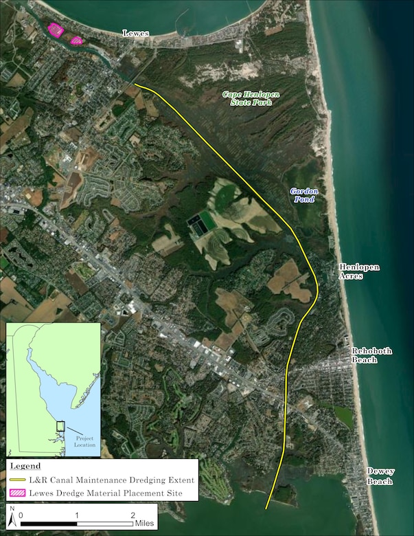The U.S. Army Corps of Engineers (USACE) Philadelphia District announced it awarded a $9.6 million contract to Cottrell Contracting Corporation of Chesapeake, Va. to conduct dredging of the Lewes & Rehoboth Canal in Sussex County, Delaware.
Dredged sediment will be pumped to two dredged material placement sites along the northern section of the Canal (shown in attached map). Dredging