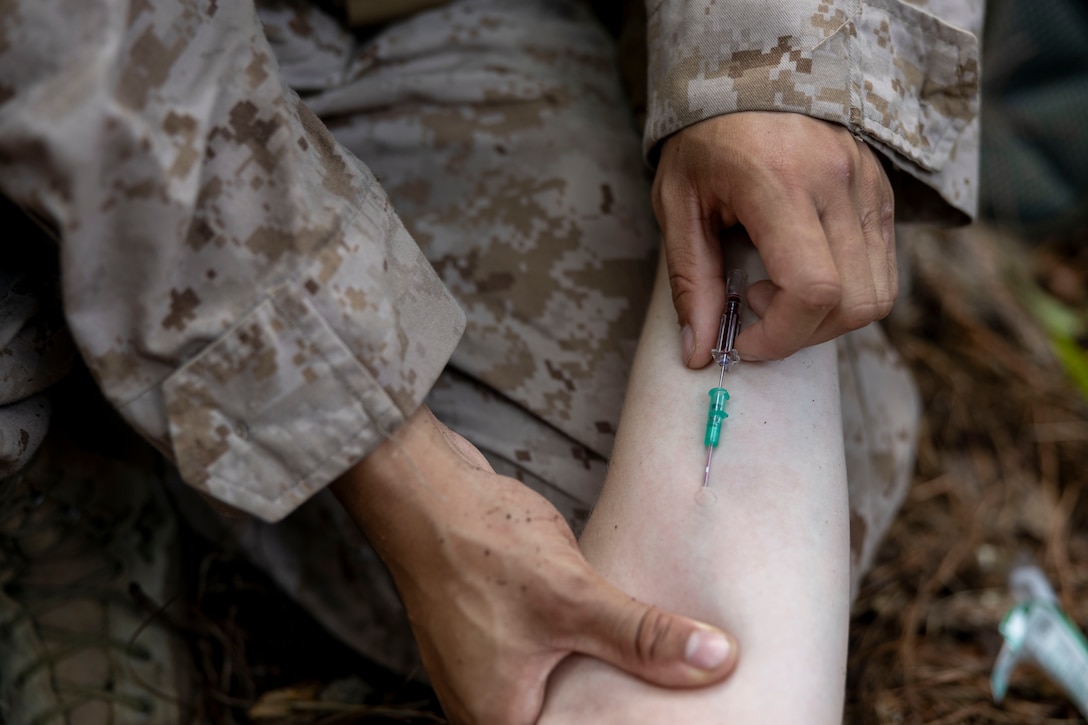 A U.S. Navy Corpsman with 2nd Air Naval Gunfire Liaison Company, II Marine Expeditionary Force Information Group, inserts a needle on a simulated casualty during a casualty evacuation drill as part of exercise Burmese Chase 25 at Marine Corps Base Camp Lejeune, North Carolina, Aug. 7, 2025. Burmese Chase is an annual U.S. led, multi-lateral training exercise comprised of integrating ground and air fires, infantry tactics and naval gunfire alongside NATO allies to enhance combat readiness and interoperability. (U.S. Marine Corps photo by Cpl. Marc Imprevert)