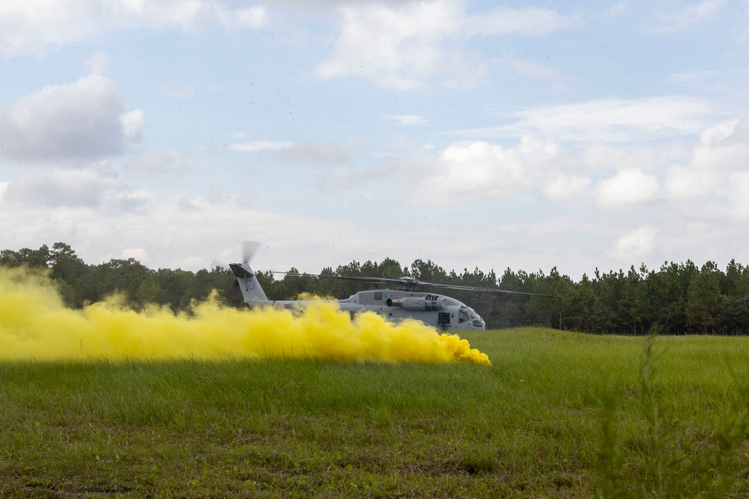 A U.S. Marine Corps CH-53E Super Stallion with Marine Heavy Helicopter Squadron 461, Marine Aircraft Group 29, 2nd Marine Aircraft Wing, maintains readiness during a casualty evacuation drill as part of exercise Burmese Chase 25 at Marine Corps Base Camp Lejeune, North Carolina, Aug. 7, 2025. Burmese Chase is an annual U.S. led, multi-lateral training exercise comprised of integrating ground and air fires, infantry tactics and naval gunfire alongside NATO allies to enhance combat readiness and interoperability. (U.S. Marine Corps photo by Cpl. Marc Imprevert)