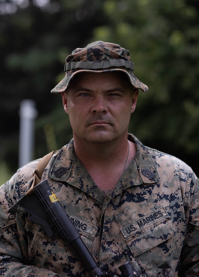 U.S. Marine Corps 1st Sgt. Aaron Denning, the company first sergeant of Golf Company, 2nd Battalion, 23rd Marines, forward deployed with 4th Marine Regiment, 3d Marine Division as part of the Unit Deployment Program, poses for a photo during the Korean Marine Exercise Program 25.2 in Pohang, South Korea, Aug. 7, 2025. KMEP is conducted regularly between the ROK and U.S. Marine Corps to increase their combined capabilities through realistic training geared towards deterrence and maintaining peace in the Indo-Pacific.  (U.S. Marine Corps photo by Cpl. Kanoa Thomas)