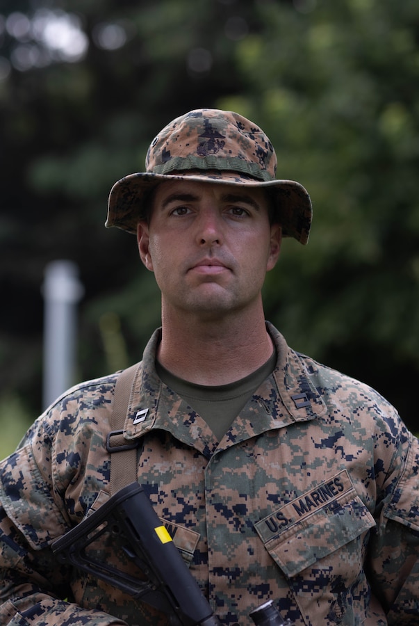 U.S. Marine Corps Capt. Andrew St. John, the company commander of Golf Company, 2nd Battalion, 23rd Marines, forward deployed with 4th Marine Regiment, 3d Marine Division as part of the Unit Deployment Program, poses for a photo during the Korean Marine Exercise Program 25.2 in Pohang, South Korea, Aug. 7, 2025. KMEP is conducted regularly between the ROK and U.S. Marine Corps to increase their combined capabilities through realistic training geared towards deterrence and maintaining peace in the Indo-Pacific.  (U.S. Marine Corps photo by Cpl. Kanoa Thomas)