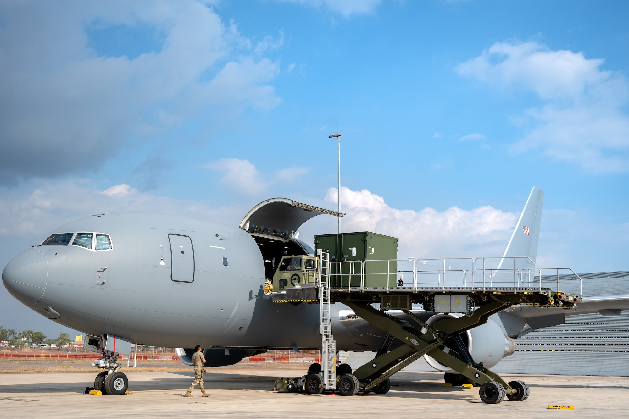 Cargo is loaded onto a U.S. Air Force KC-46 Pegasus aircraft from Joint Base McGuire-Dix-Lakehurst, New Jersey, during Talisman Sabre 25 in Northern Territory, Australia, July 25, 2025. Talisman Sabre is the largest bilateral military exercise between Australia and the United States, advancing a safe and secure Indo-Pacific by strengthening relationships and interoperability among key Allies and partners, while enhancing collective capabilities to respond to a wide array of potential security concerns. (U.S. Air Force photo by Tech. Sgt. Philip Bryant)