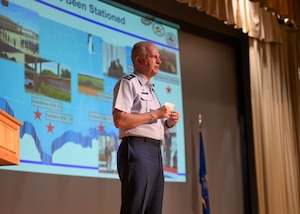 U.S. Air Force Col. Matthew Norton, 17th Training Wing commander, speaks at his first Commander’s All-Call and 2nd Quarterly Awards Ceremony at the base theater, Goodfellow Air Force Base, Texas, Aug. 8, 2025. Norton addressed key initiatives designed to enhance mission effectiveness, align units for operational efficiency and ensure readiness. (U.S. Air Force photo by Senior Airman Evelyn D’Errico)
