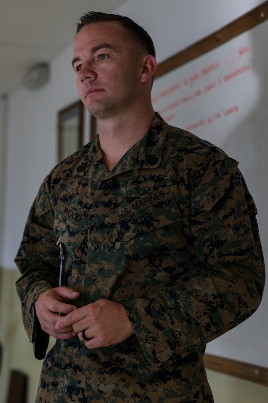 U.S. Marine Corps Gunnery Sgt. David Wood, an Infantry Unit Leader with Expeditionary Warfare Training Group, explains Marine Corps boat raid processes during a subject matter expert exchange with members of the Uruguayan marine corps in Uruguay, August 11, 2025. This subject matter expert exchange enhances the training and readiness standards for the United States and Uruguay as well as facilitating the exchange of formalized readiness standards between both countries. Wood is a native of California. (U.S. Marine Corps photo by Sgt. Eduardo Delatorre)