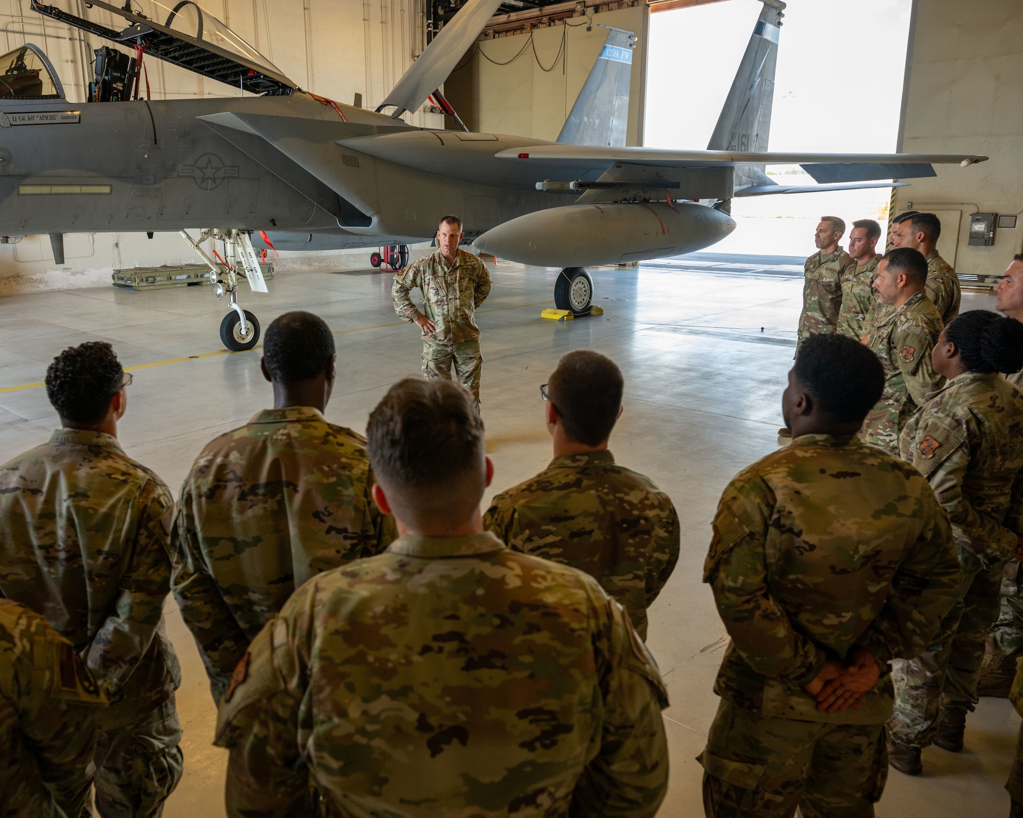 Brig. Gen. Richard L. Coffey III, Assistant Adjutant General (Air) for the Florida Air National Guard, speaks with members of the 125th Fighter Wing’s Detachment 1 during a visit to Homestead Air Reserve Base, Florida, Aug. 11, 2025.