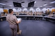 Command Sgt. Maj. Eric Olsen, standing, U.S. Army South senior enlisted advisor, speaks to U.S. and Colombian participants of Programa Integral para Suboficiales de Alta Jerarquía (PISAJ) 21 at the South Carolina National Guard McCrady Training Center in Columbia, S.C., Aug. 11, 2025. PISAJ is a biannual, partner nation-funded initiative aligned with U.S. Southern Command’s Theater Campaign Plan and directly supports the Colombian Army’s transformation to align its noncommissioned officer corps with globally recognized standards. (U.S. Army photo by Staff Sgt. Joshua Taeckens)