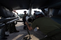 U.S. Marines with Marine Attack Squadron 223 prepare AV-8B Harriers for ordnance training