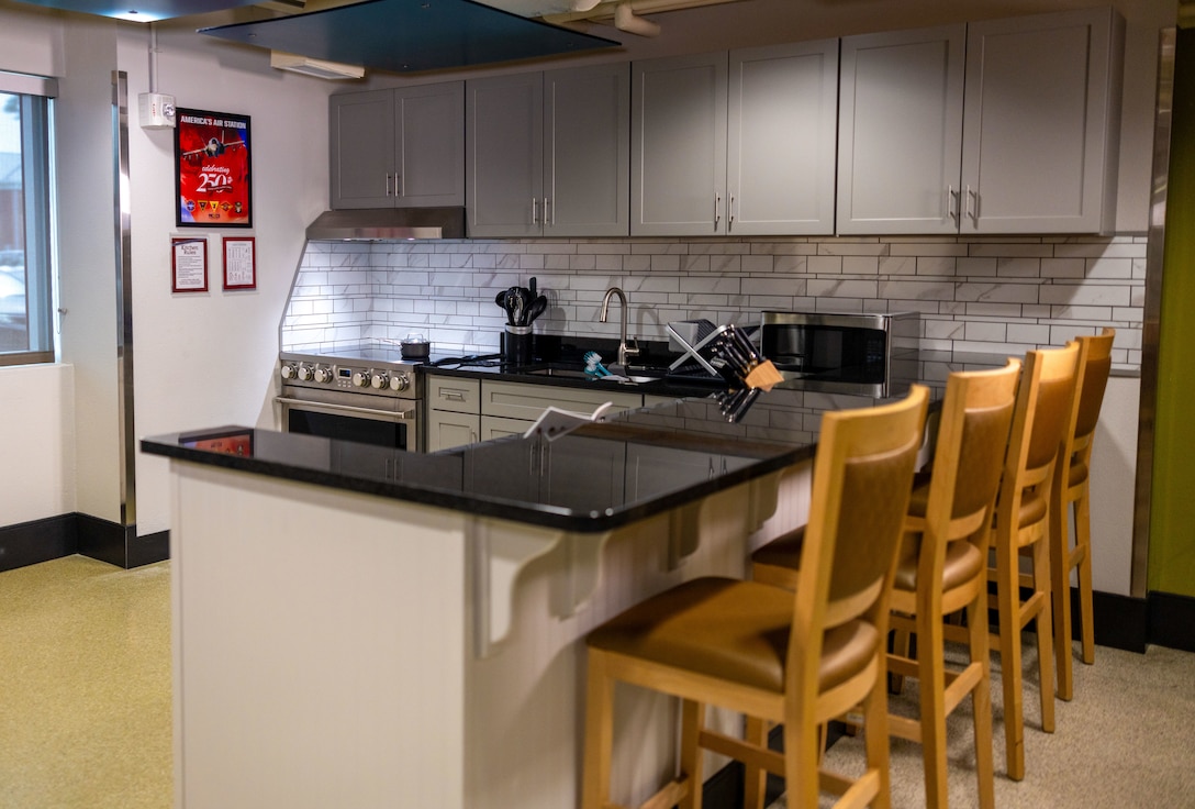 Marine Wing Headquarters Squadron 2 barracks’ newly renovated kitchen awaits guests prior to the grand opening ceremony at Marine Corps Air Station Cherry Point, North Carolina, July 2, 2025.