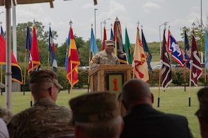 U.S. Army Maj. Gen. Monté L. Rone, commander of the 1st Infantry Division and Fort Riley, presided over a Victory with Honors Ceremony where Col. Jabari M. Miller accepted his new position, on Fort Riley, KS, July 18, 2025. Miller, who formerly served as a Federal Executive Fellow at the Brookings Institution, will serve as the Deputy Commanding Officer, Maneuver for the 1st Inf. Div. (U.S. Army photos by Sgt. Tyler Selige)